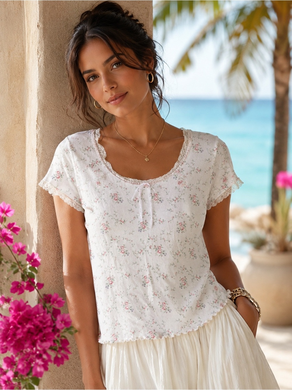 Ralph Lauren LRL LOGO Floral Lace Embroidery Feminine Summer Cotton Top M Resort